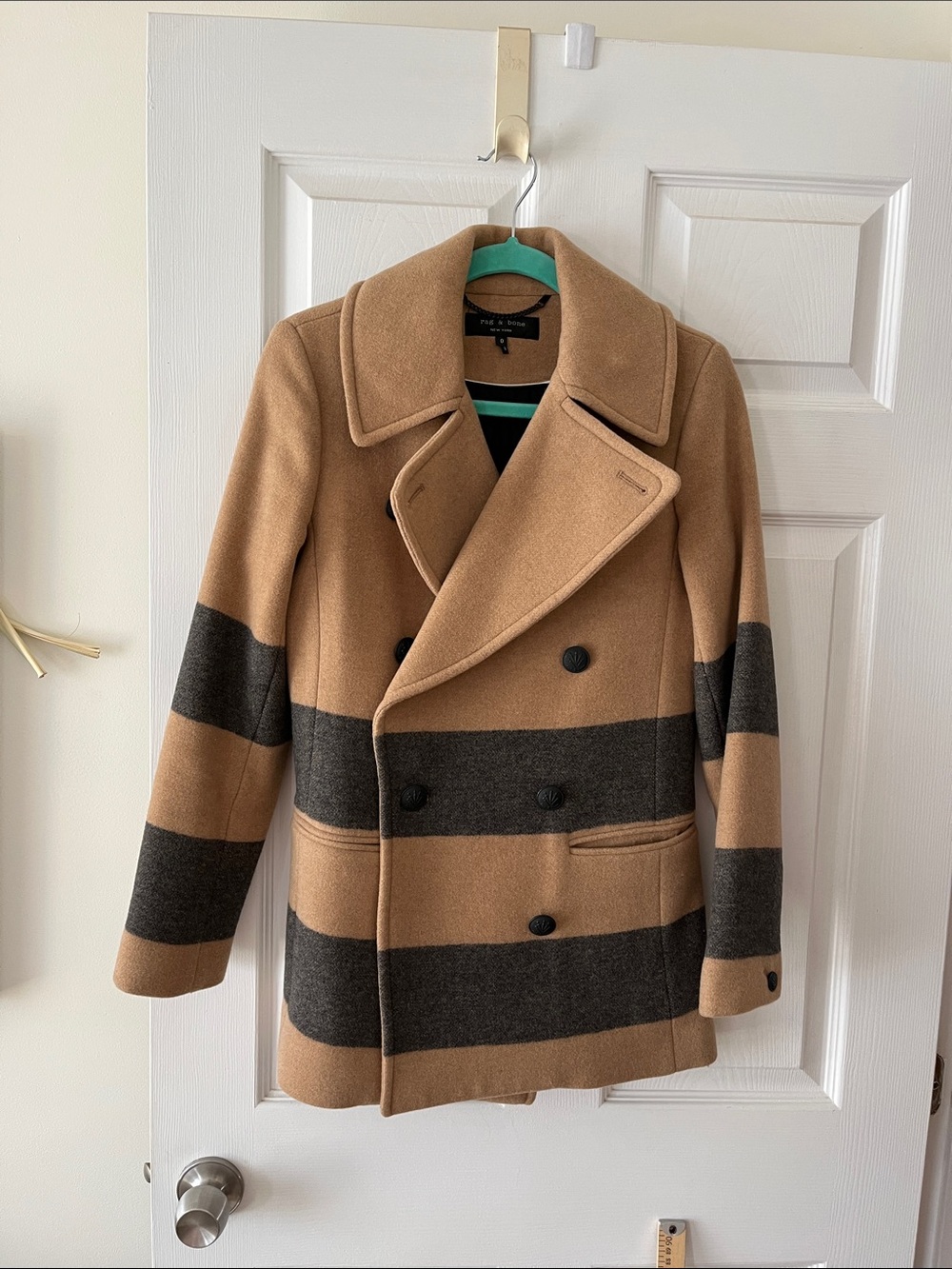 rag & bone Camel and Dark Brown Striped Double-Breasted Peacoat like new